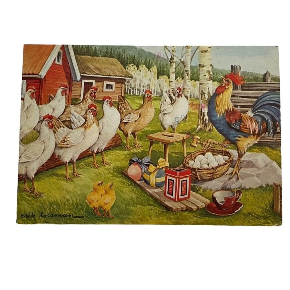 Vintage Postcard Erik Forsman Farm Chicken Scene  Posted 1976